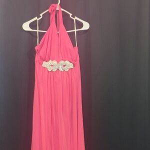 Halter Maxi Dress with Rhinestone Waistband - Pink